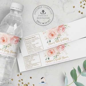Blush Floral Water Bottle Labels, EDITABLE TEMPLATE, Pink Roses Flowers Sticker Wrapper Favors, Bridal Baby Shower Birthday Printable, PK5