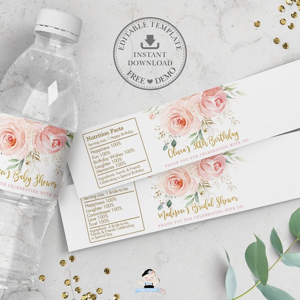 Blush Floral Water Bottle Labels, EDITABLE TEMPLATE, Pink Roses Flowers Sticker Wrapper Favors, Bridal Baby Shower Birthday Printable, PK5