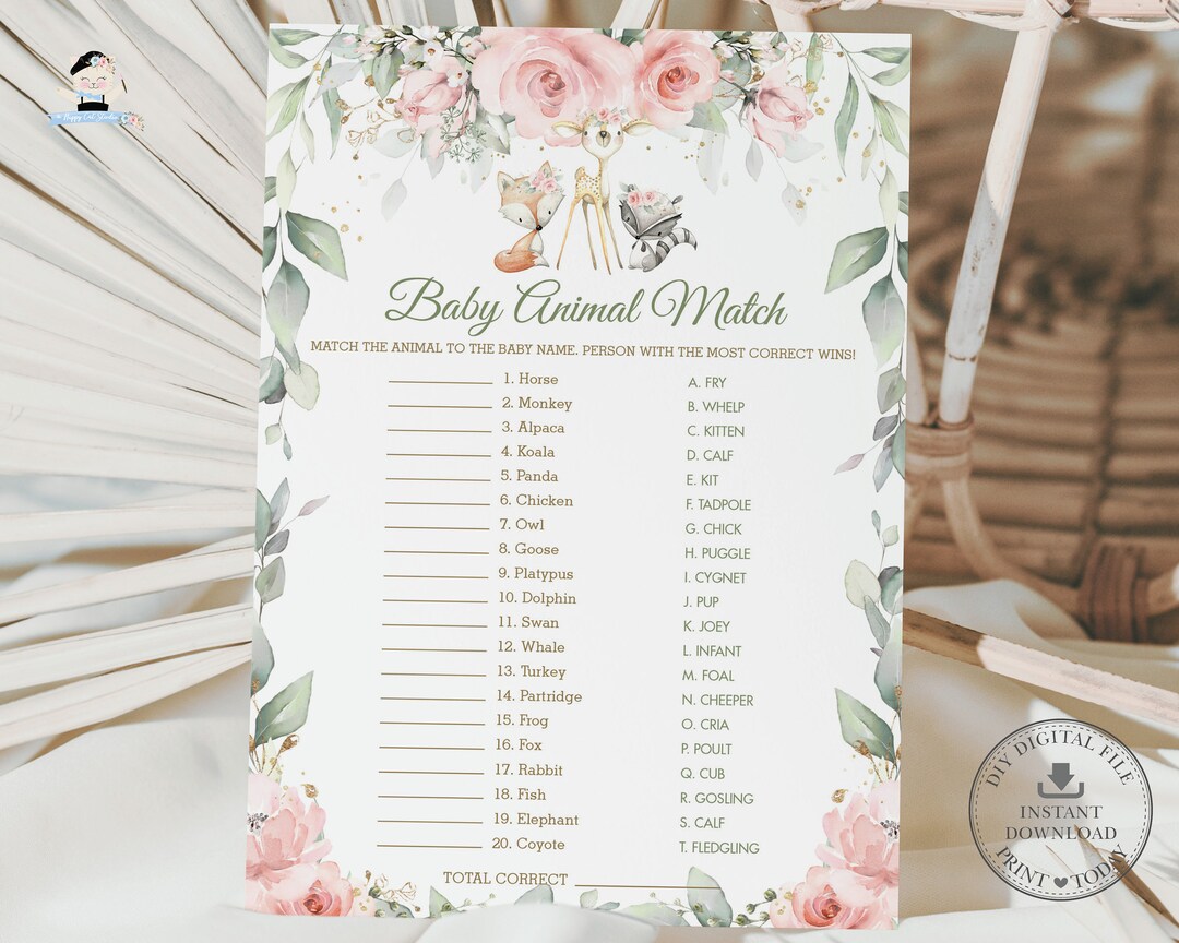 Baby Animal Match Game, INSTANT DOWNLOAD, Blush Floral Woodland Animals