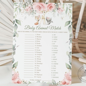 Baby Animal Match Game, TÉLÉCHARGEMENT INSTANTANÉ, Blush Floral Woodland Animals Baby Shower Baby Animal Names Quiz Card Activity Diy Printable, WG10