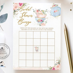 Blush Pink Floral Tea Party Bridal Shower Bingo Gioco, DOWNLOAD IMMEDIATO, Teiera Tazze High Tea Icebreaker Attività Fai da te File stampabili TP5