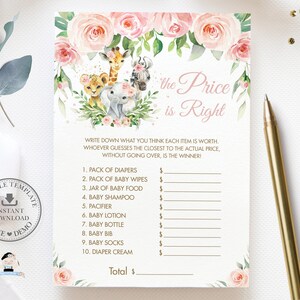 May include: A printable baby shower game card with a pink floral design and the text "The Price is Right". The game asks guests to guess the price of various baby items, such as diapers, wipes, and baby food.