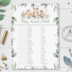 Baby Animal Match Game, INSTANT DOWNLOAD, Greenery Woodland Animals Baby Shower Baby Animal Names Quiz Card Activity DIY Printable File WG12