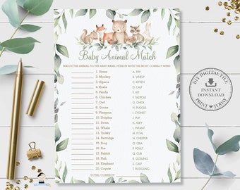 Baby Animal Match Game, INSTANT DOWNLOAD, Greenery Woodland Animals Baby Shower Baby Animal Names Quiz Card Activity DIY Printable File WG12