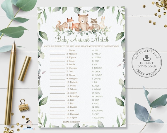 Baby Animal Match Game, INSTANT DOWNLOAD, Greenery Woodland Animals Baby  Shower Baby Animal Names Quiz Card Activity Diy PDF Printable, WG12 by The  Happy Cat Studio | Catch My Party