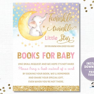 Bring a Book Instead of a Card, SOFORT DOWNLOAD, Twinkle Twinkle Little Star Baby Shower Books for Baby, Pink Gold, Elephant Printable TS1