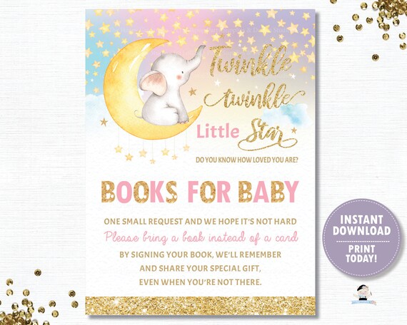 Bring a Book Instead of a Card, INSTANT DOWNLOAD, Twinkle Twinkle Little Star Baby Shower Books for Baby, Pink Gold, Elephant Printable TS1 Il_570xn