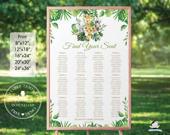 Jungle Animals Seating Chart Sign, EDITABLE TEMPLATE, Greenery Safari Gender Neutral Baby Shower 1st Birthday Printable INSTANT Download JA7