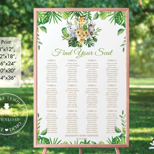 Jungle Animals Seating Chart Sign, EDITABLE TEMPLATE, Greenery Safari Gender Neutral Baby Shower 1st Birthday Printable INSTANT Download JA7
