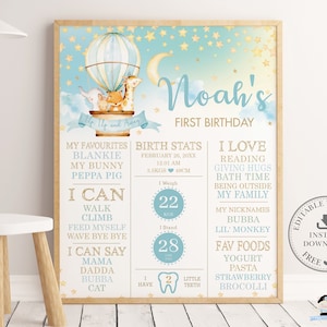 Cute Animals Hot Air Balloon 1st Birthday Milestone Sign, EDITABLE TEMPLATE, Stars Boy Birth Stats Poster Decor Pdf, INSTANT Download, HB5 image 1