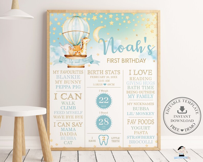 Cute Animals Hot Air Balloon 1st Birthday Milestone Sign, EDITABLE TEMPLATE, Stars Boy Birth Stats Poster Decor Pdf, INSTANT Download, HB5 image 1