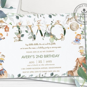 Nursery Rhyme 2nd Birthday Invitation, EDITABLE TEMPLATE, Chic Gender Neutral Boy Girl Storybook Invite Printable Pdf, Hey Diddle Diddle NR1