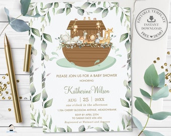 Noah&#39;s Ark Greenery Baby Shower Invitation EDITABLE TEMPLATE Chic Green Gender Neutral Boy Girl Noahs Animals Invite Digital Printable NA1