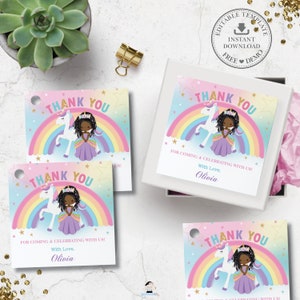 Niedliche afrikanische Prinzessin und Einhorn Quadrat Danke Tags EDITIERBARE VORLAGE Etiketten Aufkleber Geburtstag Gefälligkeiten Schwarze Zöpfe Regenbogen druckbare PU1