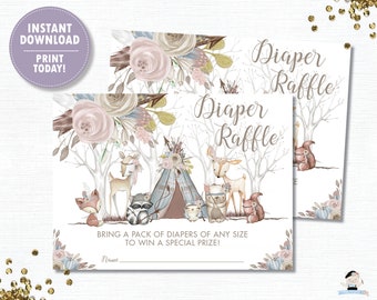 Woodland Animals Diaper Raffle Card Ticket Insert, INSTANT DOWNLOAD, Woodland Baby Shower DIY Printable Girl, Pastel Floral Whimsical, WA1