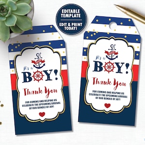 Nautical Thank You Tags, EDITABLE TEMPLATE, Instant Download, DIY Baby Boy Shower Gift Favor Labels, Ahoy It&#39;s a Boy, Sailor, Navy, Red, NT1