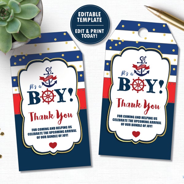 Nautical Thank You Tags, EDITABLE TEMPLATE, Instant Download, DIY Baby Boy Shower Gift Favor Labels, Ahoy It's a Boy, Sailor, Navy, Red, NT1