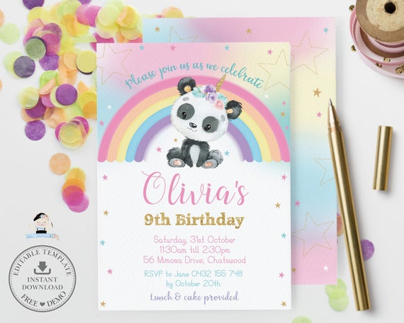 Panda Invitation EDITABLE TEMPLATE, Cute Pandacorn Rainbow Birthday Party Editable Invite, Panda Bear Printable Pdf, INSTANT Download, PA1 Il_570xn