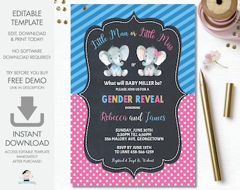 EDITABLE TEMPLATE Gender Reveal Invitation, Little Man or Little Miss Gender Reveal Party Invite, Chic Elephant Printable, Baby Shower, GR3