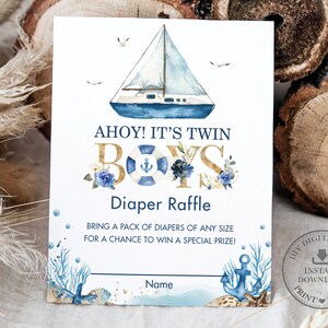 Carte de tombola de couches nautiques, TÉLÉCHARGEMENT INSTANTANÉ, Chic Boat Ocean Ahoy It’s Twin Boys Baby Shower Insert Ticket Printable INSTANT Download, NT2