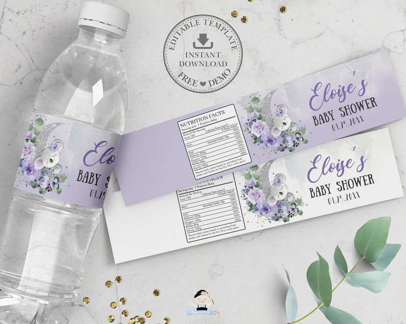 Sleeping Koala Purple Lilac Floral Water Bottle Labels Printable EDITABLE TEMPLATE Silver Moon Baby Shower Sticker Wrapper