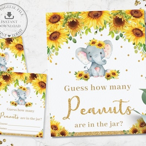 Guess How Many Peanuts are in the Jar Game, INSTANT DOWNLOAD, Sunflower Floral Elephant Baby Shower Fun Activity, Diy PDF Printable, EP8