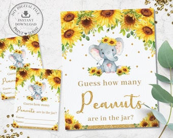 Guess How Many Peanuts are in the Jar Game, INSTANT DOWNLOAD, Sunflower Floral Elephant Baby Shower Fun Activity, Diy PDF Printable, EP8