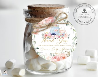Blush Pink Floral Tea Party Runde Etikett EDITIERBARE VORLAGE, schicke Rose Baby Shower Brautparty High Tea Favor Tags Printable Download, TP5
