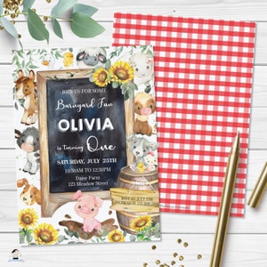 May include: A colorful invitation for a barnyard-themed first birthday party for Olivia. The invitation features a chalkboard with the text "Join us for some Barnyard Fun Olivia is turning One" and a variety of farm animals, including a pig, cow, sheep, and chickens. The invitation also includes the date, time, and location of the party.