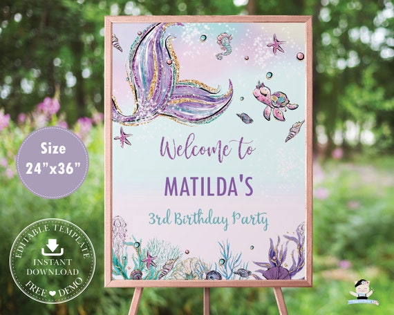 Mermaid Welcome Sign 24"x36" EDITABLE TEMPLATE Mermaid Tail Baby Shower Birthday Printable Under the Sea Poster Diy PDF Instant Download MT2 Il_570xn