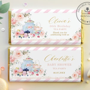 Blush Floral Tea Party Chocolate Bar Wrappers, EDITABLE TEMPLATE, Hershey&#39;s Aldi Birthday Bridal Baby Shower Favor Printable, INSTANT, TP5