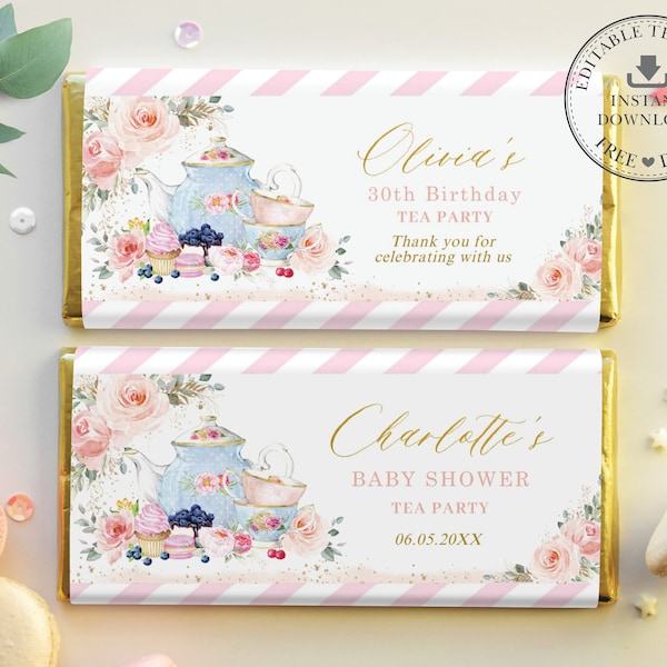 Blush Floral Tea Party Chocolate Bar Wrappers, EDITABLE TEMPLATE, Hershey's Aldi Birthday Bridal Baby Shower Favor Printable, INSTANT, TP5