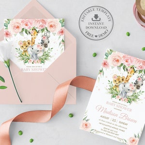 K&ouml;nnte beinhalten: Babyparty-Einladung mit Aquarellillustrationen eines L&ouml;wen, einer Giraffe, eines Elefanten und eines Zebras, umgeben von rosa Rosen und Gr&uuml;n. Die Einladung enth&auml;lt den Text "Please join us for a Baby Shower".