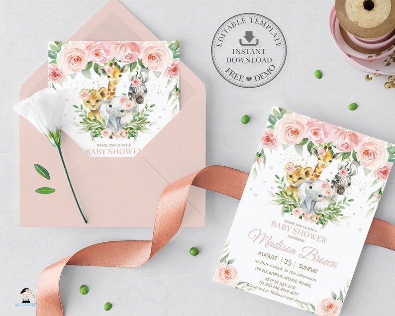 K&ouml;nnte beinhalten: Babyparty-Einladung mit Aquarellillustrationen eines L&ouml;wen, einer Giraffe, eines Elefanten und eines Zebras, umgeben von rosa Rosen und Gr&uuml;n. Die Einladung enth&auml;lt den Text "Please join us for a Baby Shower".