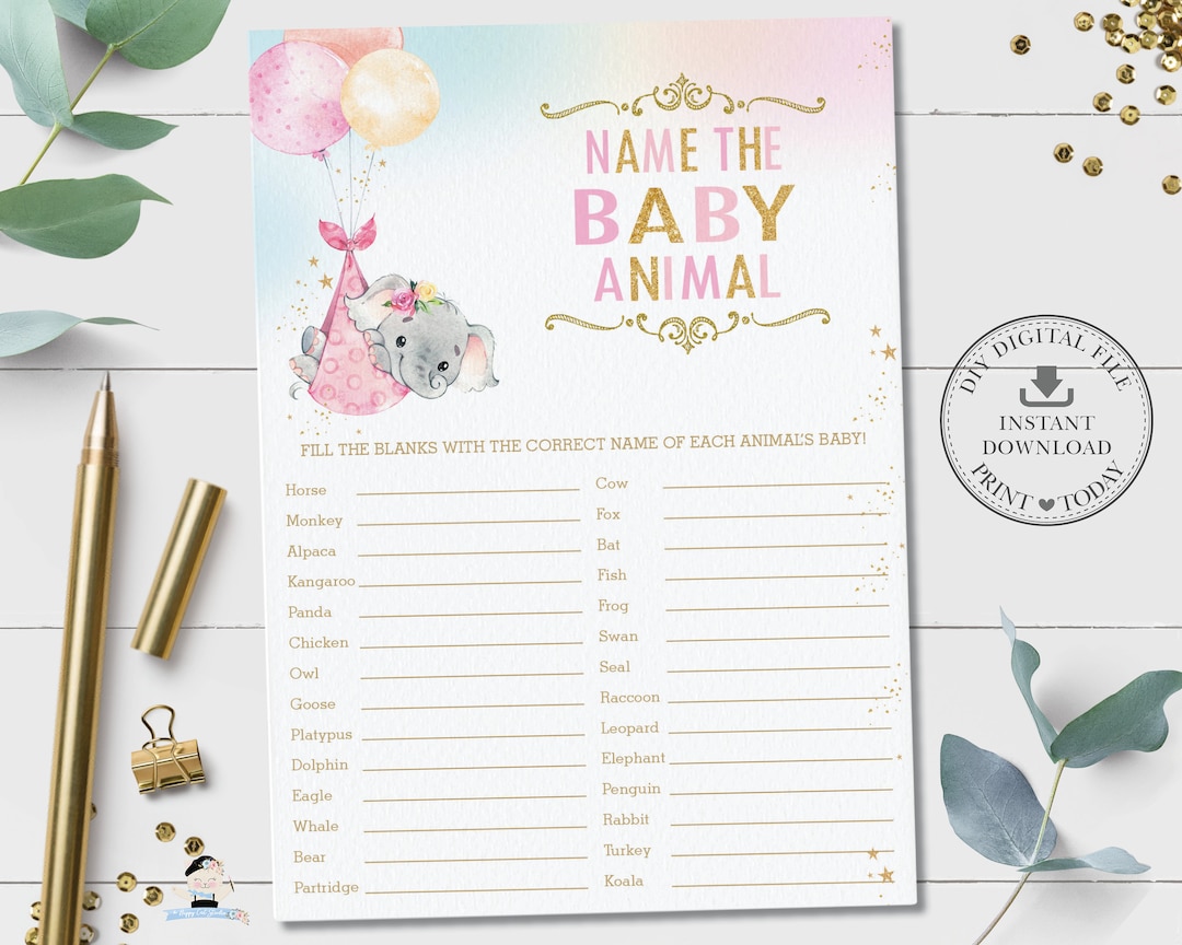 Name the Baby Animal Game, INSTANT DOWNLOAD, Pink Balloons Elephant