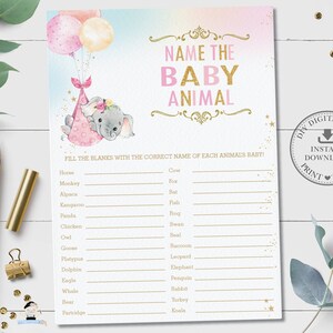 Name the Baby Animal Game, INSTANT DOWNLOAD, Pink Balloons Elephant Girl Baby Shower Baby Names Quiz Card Activity, Diy PDF Printable, EP3
