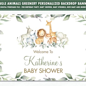 Jungle Animals Backdrop Banner, Greenery Jungle Safari Baby Shower Back Drop Decor, Birthday Party Backdrop Printable, Digital File, PDF JA5