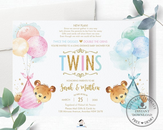 Twins Teddy Bears Baby Shower by Mail Invitation, INSTANT Download, Twin Boy Girl Chic Balloon Long Distance, Diy Pdf EDITABLE TEMPLATE, TB5 Il_570xn