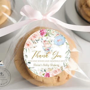 EDITIERBARE Blush Pink Blumen Teeparty Runde Etikett Chic Roses Babyparty Brautparty Geburtstag High Tea Favor Tags Printable Download TP5