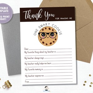 Carta de agradecimiento al maestro de galletas inteligentes, DESCARGA INSTANTE, Tarjeta de agradecimiento al maestro, Plantilla editable imprimible digital, Regalos para maestros, SC1