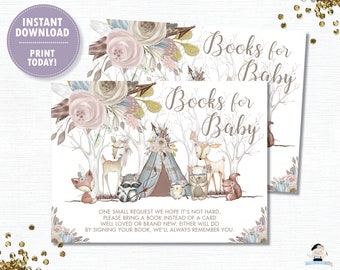 Woodland Animals Bring a Book Instead of Card, INSTANT DOWNLOAD, Woodland Baby Shower Book DIY Printable Girl, Pastel Floral Whimsical, WA1