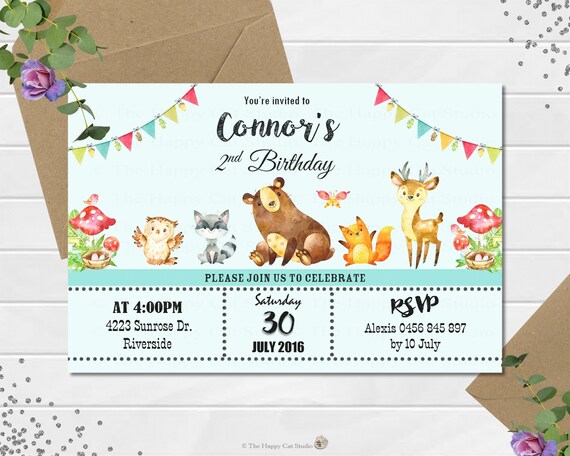 Woodland Animals Invitation, Forest Animal, Personalized, Invites, 1st Birthday Party, Boy, Girl, Printable, Any Age, Digital Download, Cute Il_570xn