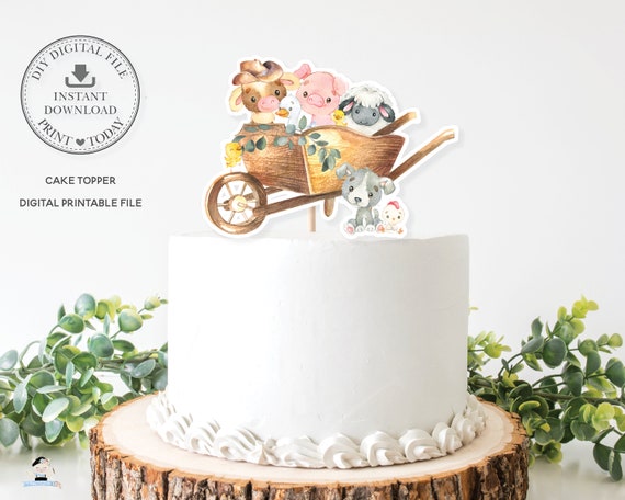 Country Farm Animals Cake Topper, INSTANT DOWNLOAD, Cute Barnyard Greenery Cow Pig PRINTABLE File Pdf, Baby Shower 1st Birthday Party, BY3 Il_570xn
