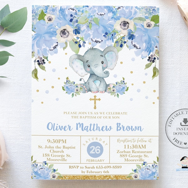 Elephant Baptism Christening Invitation, EDITABLE TEMPLATE, Blue Floral Greenery Boy Cute Elephant Invite Printable, INSTANT Download, EP6
