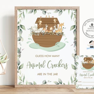 Indovina quanti cracker di animali ci sono nel gioco jar, DOWNLOAD ISTANTANEO, Noah's Ark Greenery Baby Shower Birthday Fun Activity Stampabile, NA1