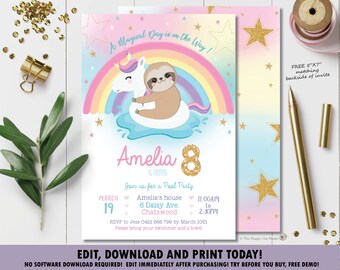 Sloth Pool Party Invitation,  Rainbow Unicorn Pool Party Invite, Sloth Printable, Cute Unicorn Floatie, Digital EDITABLE TEMPLATE, SP2