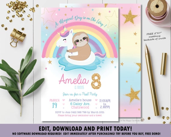 Sloth Pool Party Invitation, Rainbow Unicorn Pool Party Invite, Sloth Printable, Cute Unicorn Floatie, Digital EDITABLE TEMPLATE, SP2 Il_570xn