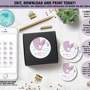 EDITABLE TEMPLATE Mermaid, Printable Mermaid 2" Round Cupcake Toppers, Stickers, Labels, Seals, Mermaid 1st Birthday Party, Tail, Pool, MT1