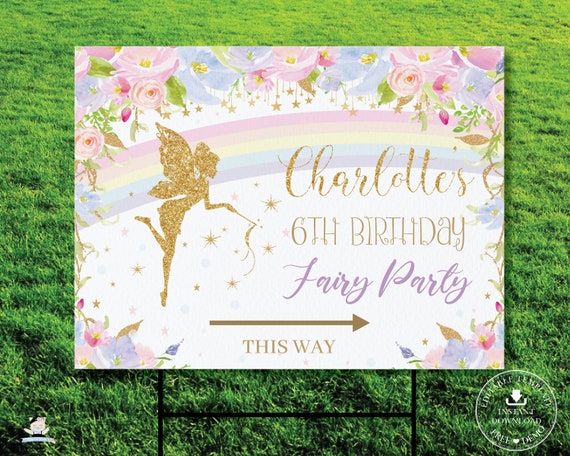 Rainbow Fairy Yard Sign, EDITABLE TEMPLATE, Diy Pink Blue Floral Gold Baby Shower 1st Birthday Board Printable File, INSTANT Download, FF5 Il_570xn
