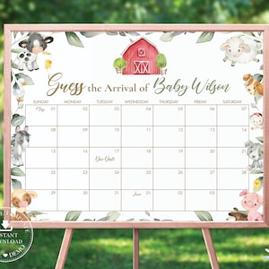 Juego de calendario Guess Baby's Due Date, PLANTILLA EDITABLE, Lindos animales de granja Juego de ducha de llegada del bebé Signo imprimible Predicción de cumpleaños BY5